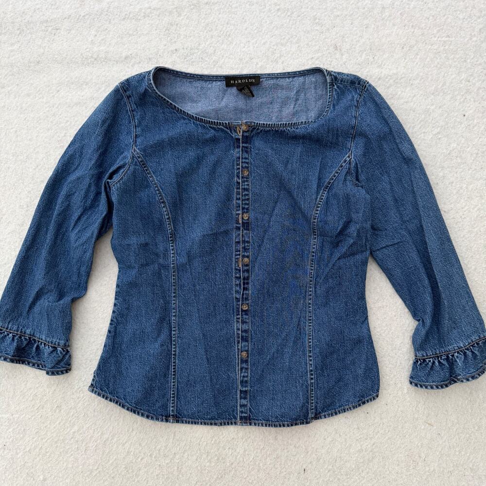 Harolds Button Down Denim Blouse Women's Size 8 Blue Scoop Neck Ruffled Cuffs